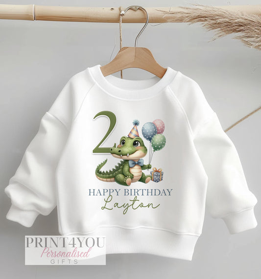 Personalised white cotton sweatshirt for children with crocodile design, customised with name and birthday age