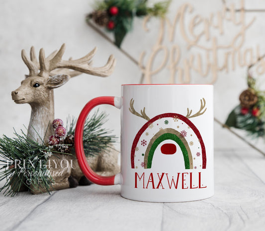 Personalised Rainbow Reindeer Christmas mug with custom name, antlers and snowflakes design, plain white handle