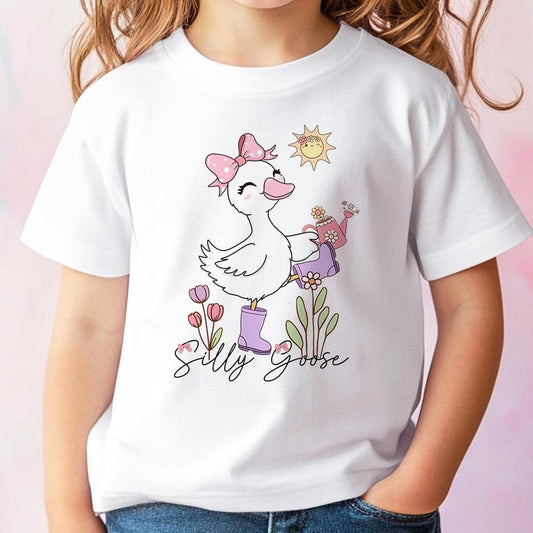 White cotton Silly Goose kids t-shirt with funny duck and flower design, size 6-12 months