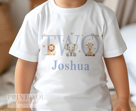Personalised blue safari TWO birthday t-shirt with custom name and lion, elephant and giraffe print
