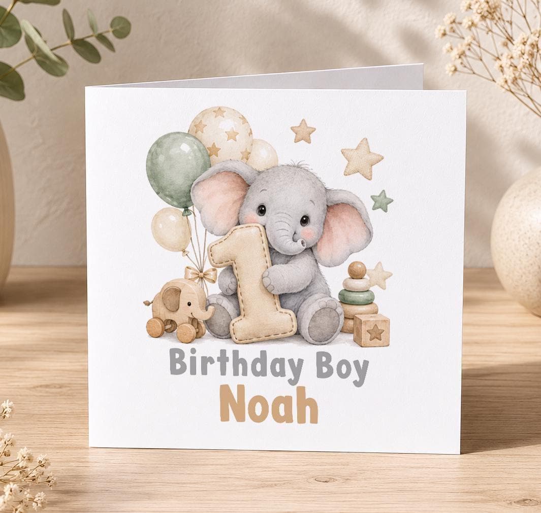 Personalised sage elephant 1st birthday card – elephant with sage balloons and a number 1, Birthday Boy Noah