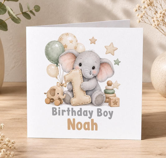 Personalised sage elephant 1st birthday card – elephant with sage balloons and a number 1, Birthday Boy Noah