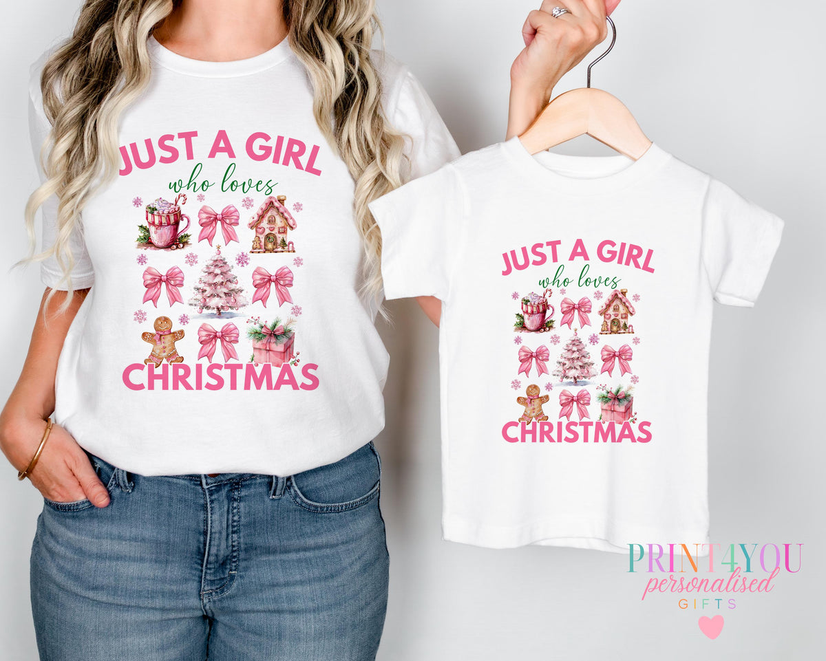 Mum and daughter wearing matching pink Christmas t-shirts, Just A Girl Who Loves Christmas design with