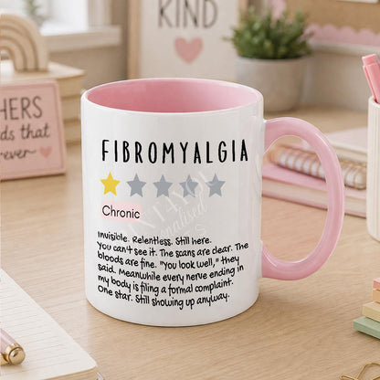 White ceramic mug printed with a fibromyalgia and chronic illness awareness design