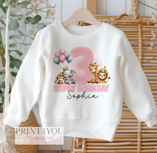 Personalised white cotton sweatshirt for children with pink safari party design, customised with name and birthday age