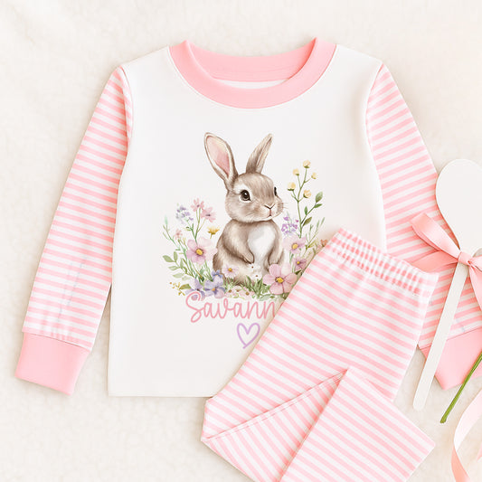 Personalised pink striped pyjamas with bunny and flowers design, size 6-12 months