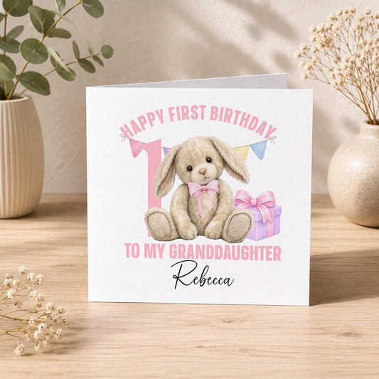 Square personalised first birthday card featuring a pink bunny design for a baby girl's 1st birthday.