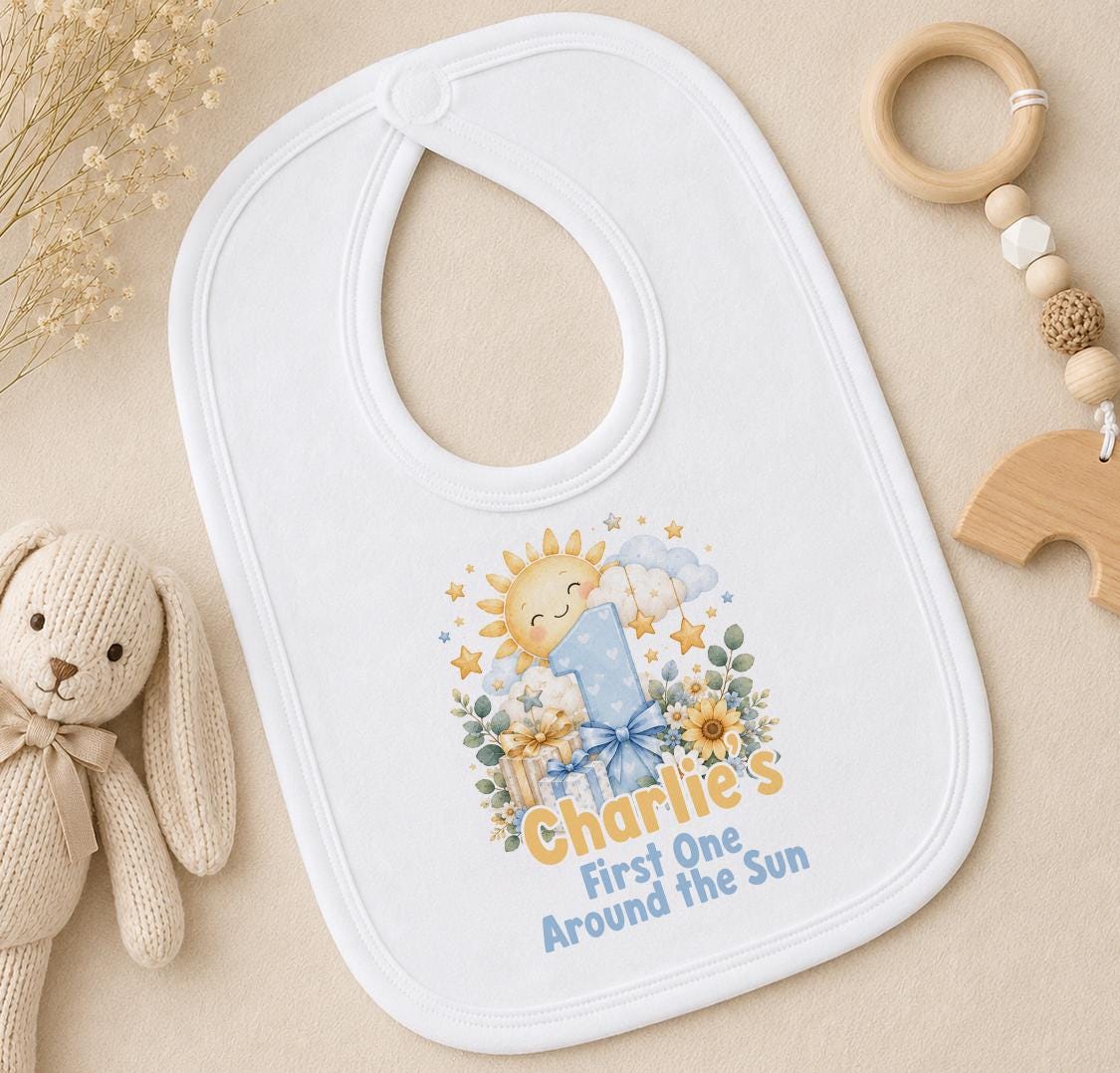 Personalised First One Around the Sun first birthday bib with the name Charlie