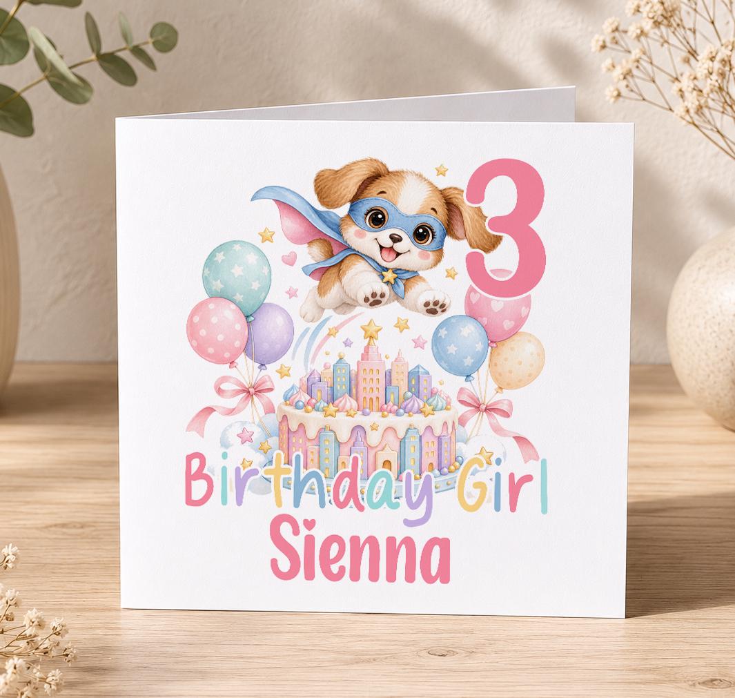 Personalised superhero puppy birthday card – caped puppy flying over a pink cake with a pink 3, Birthday Girl Sienna