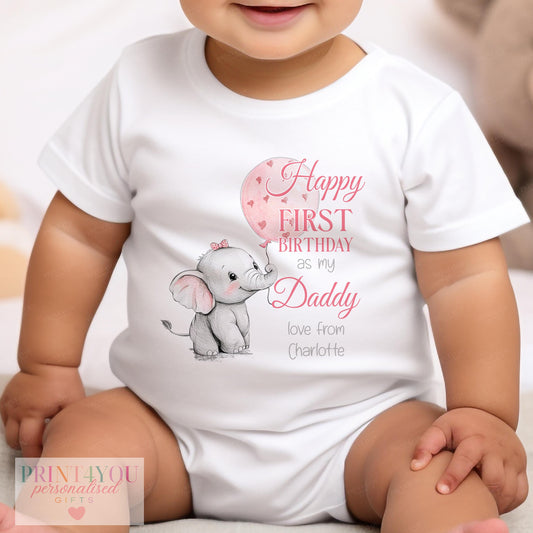 Personalised pink elephant birthday bib printed with Happy First Birthday as my Daddy and custom name