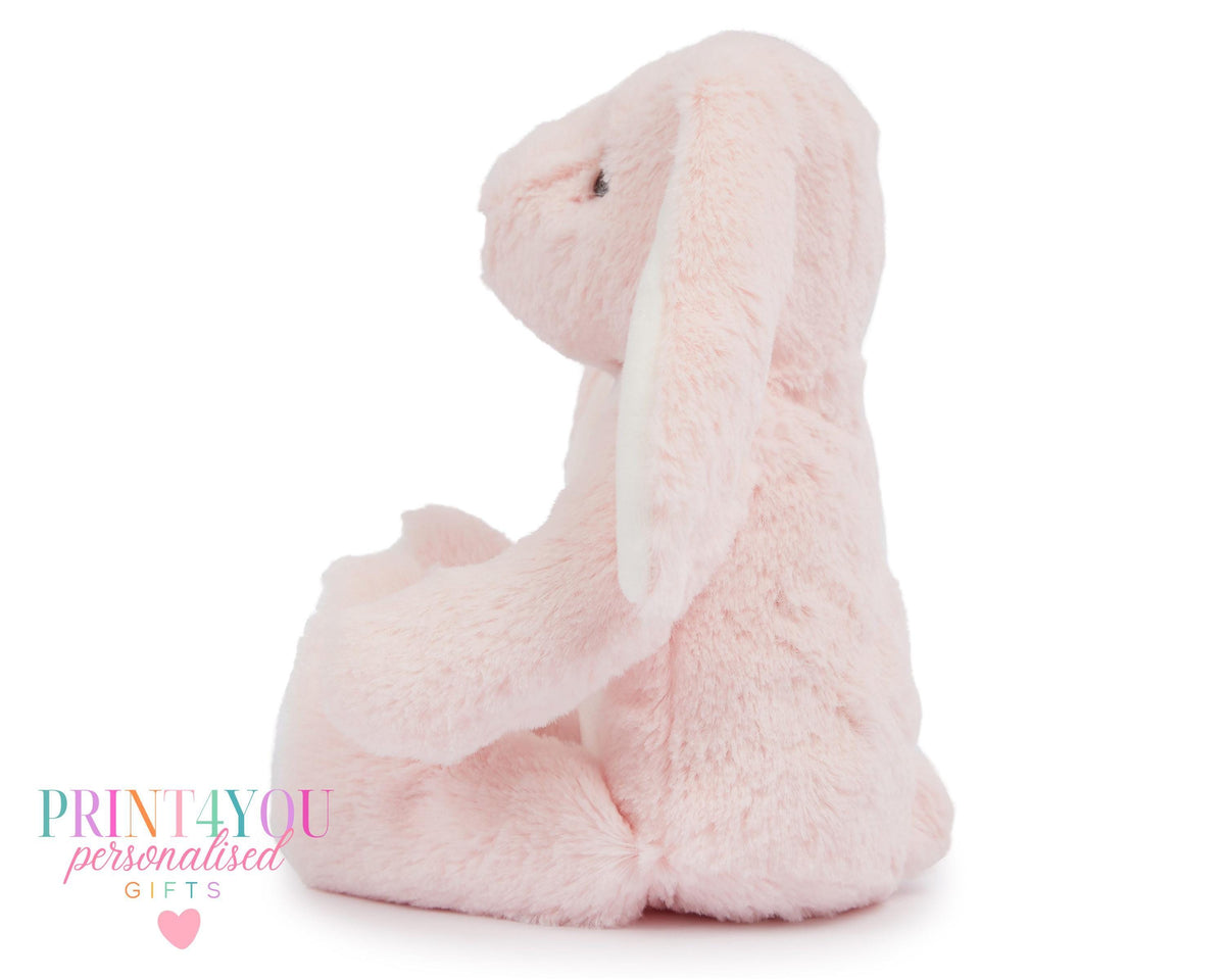 Personalised first birthday bunny soft toy, safari design, folded ears detail