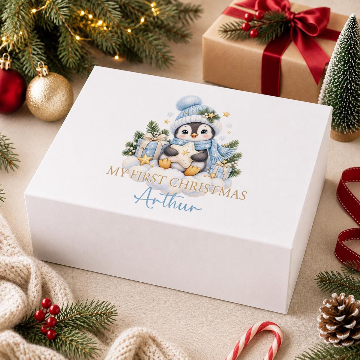 Personalised Baby Christmas Eve Box – Blue Penguin First Christmas Keepsake