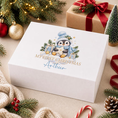 Personalised Baby Christmas Eve Box – Blue Penguin First Christmas Keepsake
