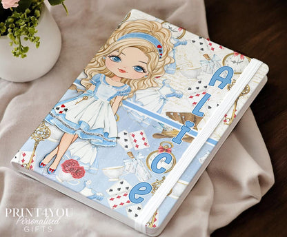 Alice in Wonderland personalised PU leather notebook with custom name, Girl 3 character design