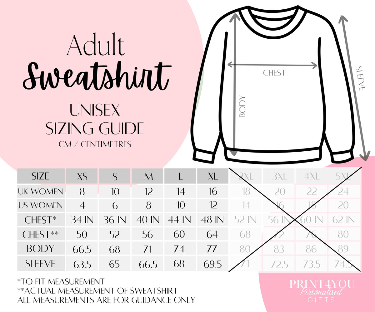 Personalised Polar Express Christmas jumper adult unisex size guide, sizes XS to XL