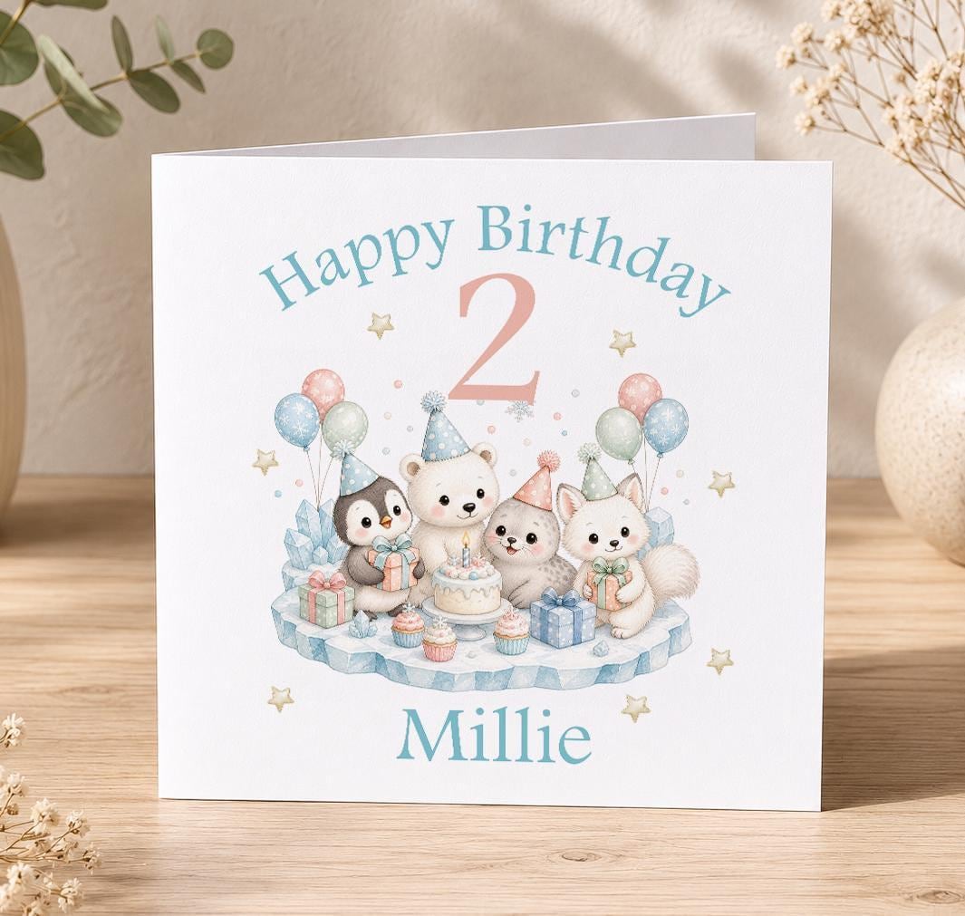 Personalised arctic animals birthday card – polar bear, penguin and seal in the snow, Happy Birthday 2 Millie