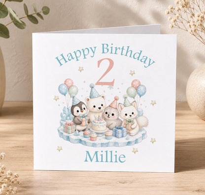 Personalised arctic animals birthday card – polar bear, penguin and seal in the snow, Happy Birthday 2 Millie