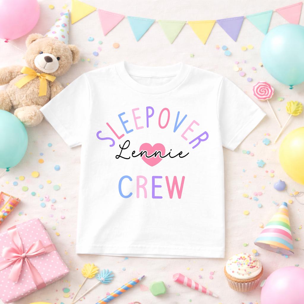 Personalised children's sleepover shirt with sleepover crew design and printed name