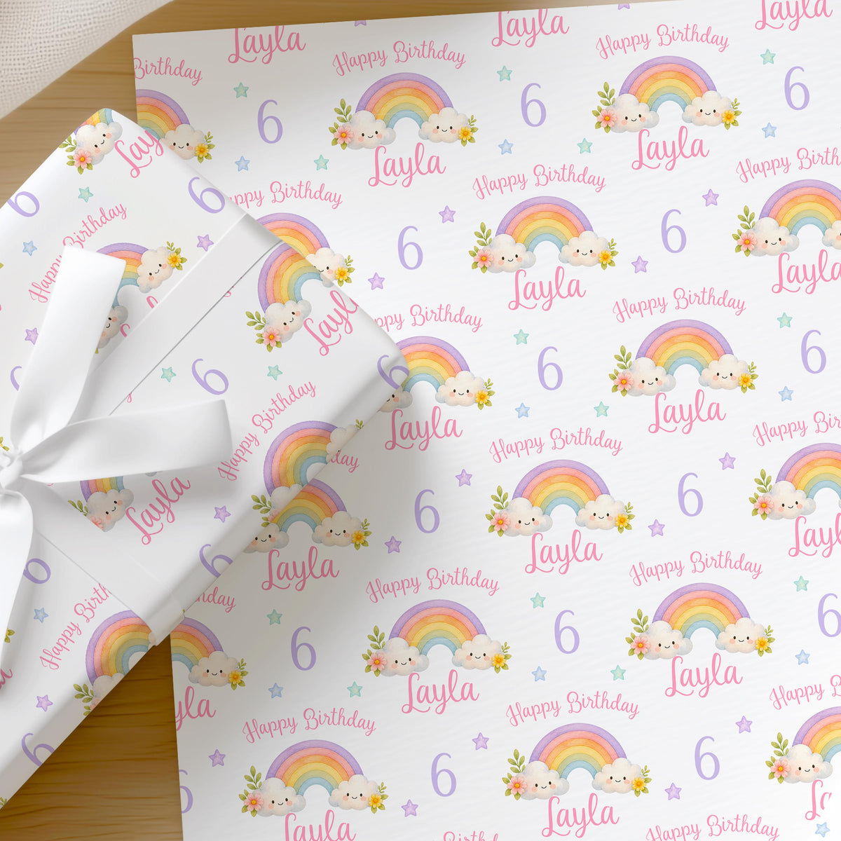 Close-up of personalised birthday wrapping paper featuring a colourful repeating rainbow design with custom name and age, on premium white gift wrap.