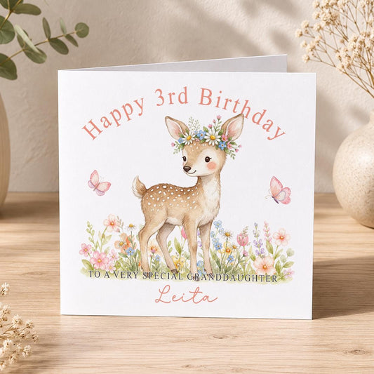 Personalised deer birthday card with woodland floral design