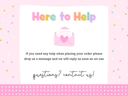 Pink graphic with an envelope and heart inviting customers to message for help with their order.