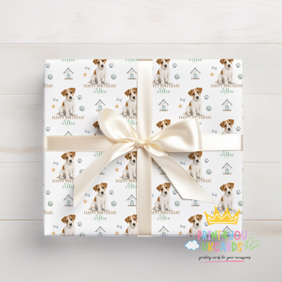 Roll of personalised Jack Russell wrapping paper packaged in a postal tube ready for delivery.