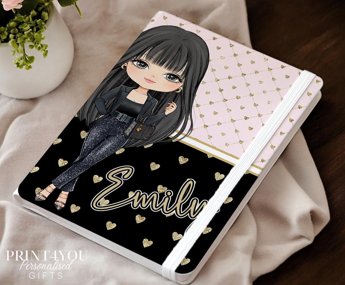 Personalised girl's PU leather diary with gold heart design – Girl 3 character cover