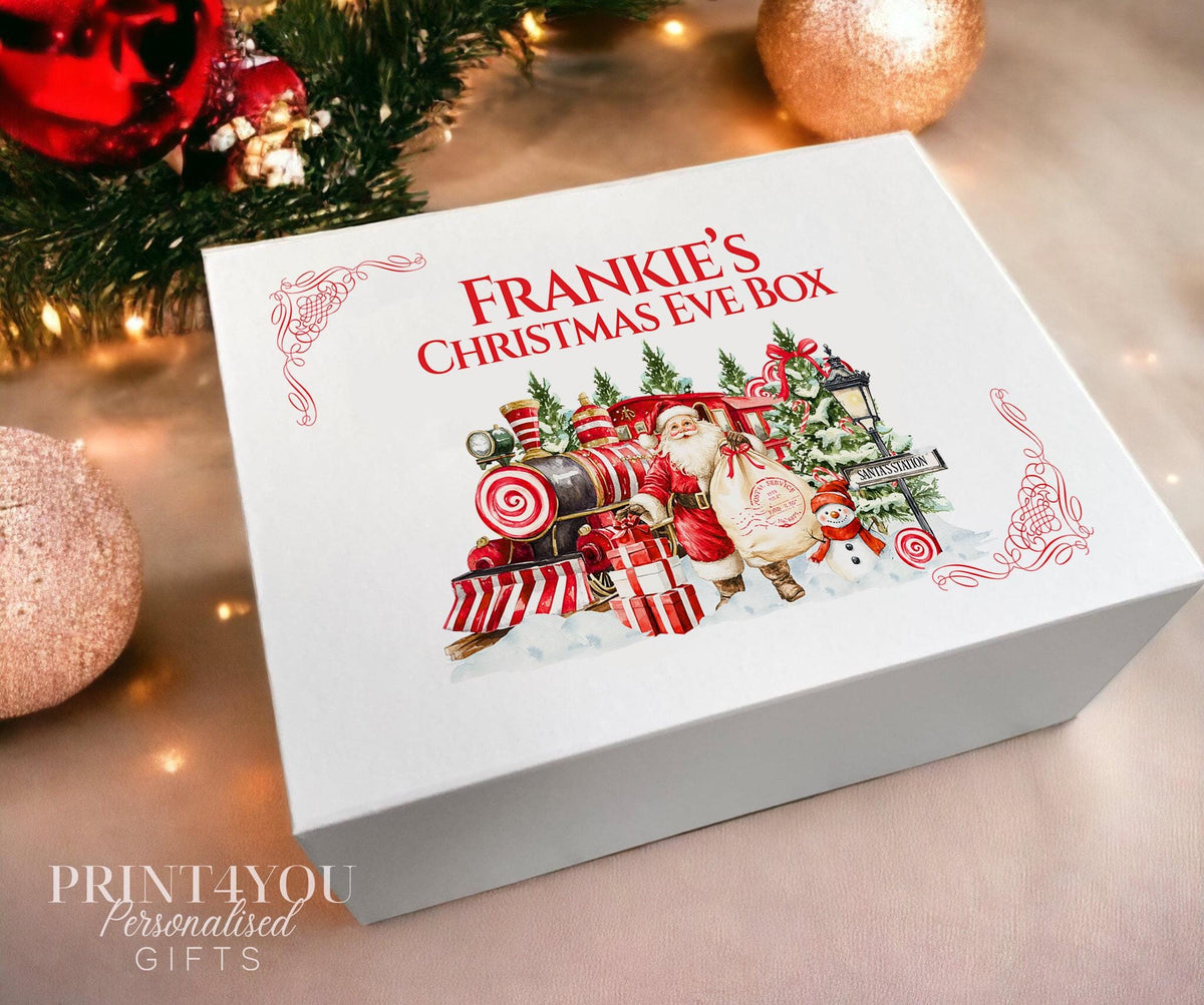 Personalised white magnetic Christmas Eve box with Santa and train design and custom name, medium size 16x20x8cm