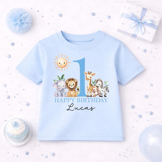 Personalised safari sunshine first birthday t-shirt with elephant, lion, giraffe and zebra design and a custom name.