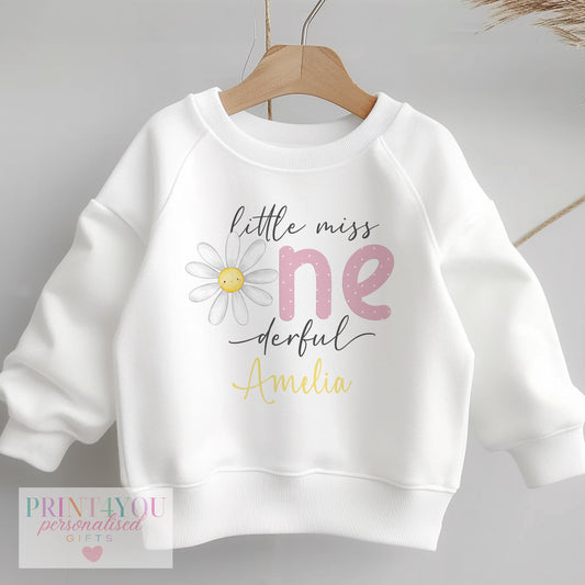 Personalised Little Miss One-derful first birthday sweatshirt in size 6-12 months