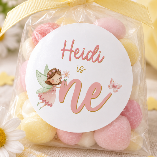 Fairy Birthday Stickers – Personalised Party Bag Seals for a Girl's First Birthday