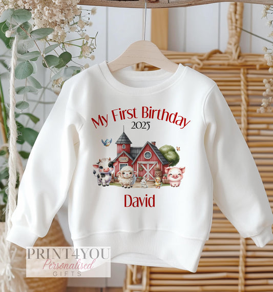 Personalised first birthday jumper with farm animals design and custom name print, soft cotton fleece sweatshirt, size 6-12 months