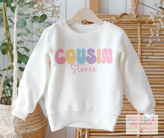 Soft white personalised cousin jumper or tee with custom name printed