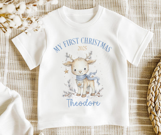 Personalised baby Christmas outfit with reindeer design, full set laid flat with custom name print.