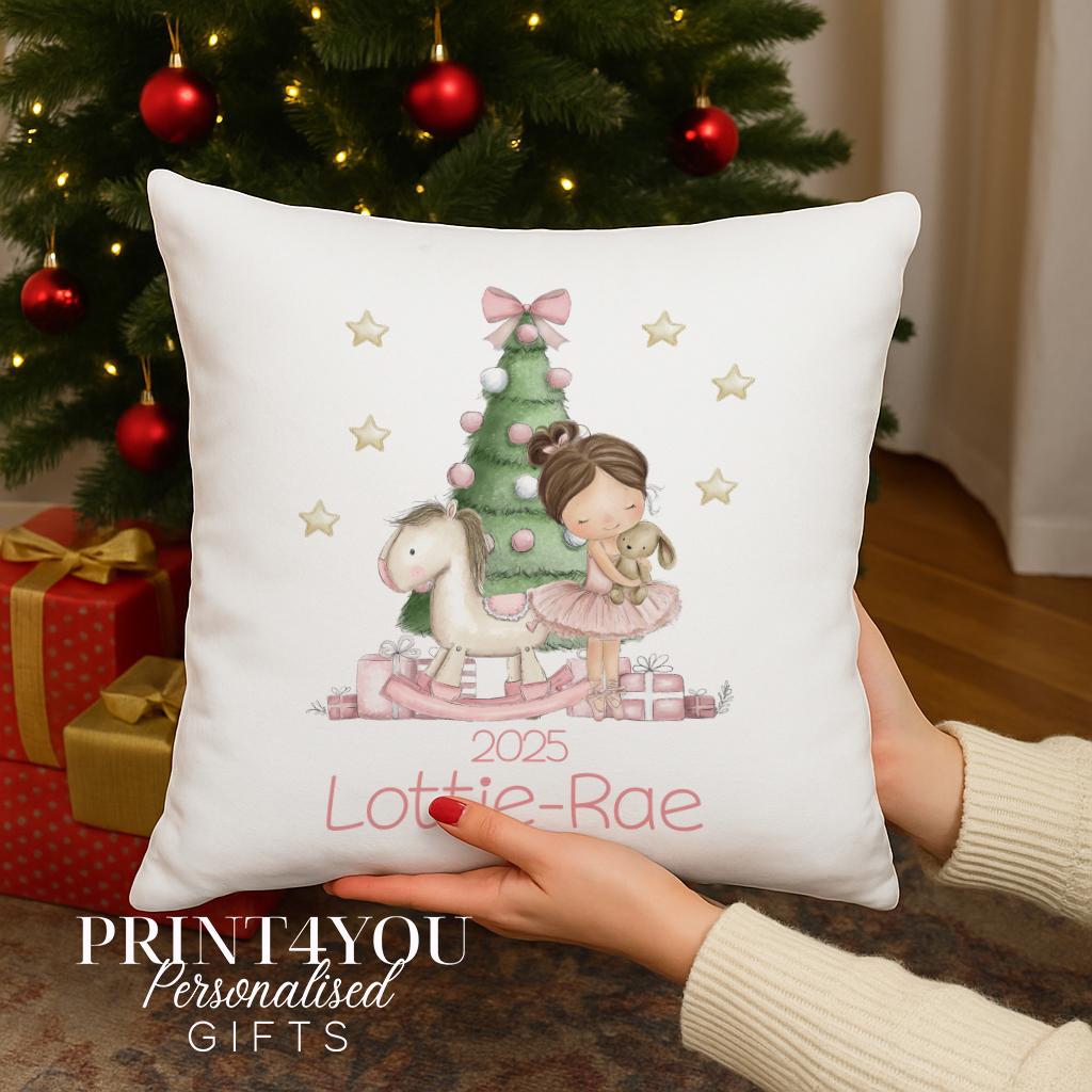 Personalised pink Christmas cushion with a pastel ballerina scene and custom name, cushion cover only