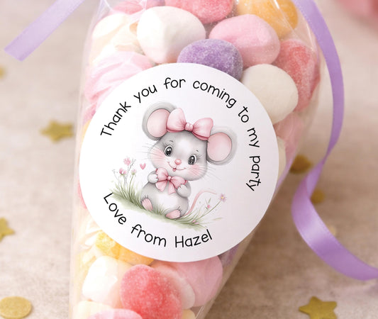 Sheet of glossy round mouse birthday stickers personalised with a child's name, ideal for party bag favours
