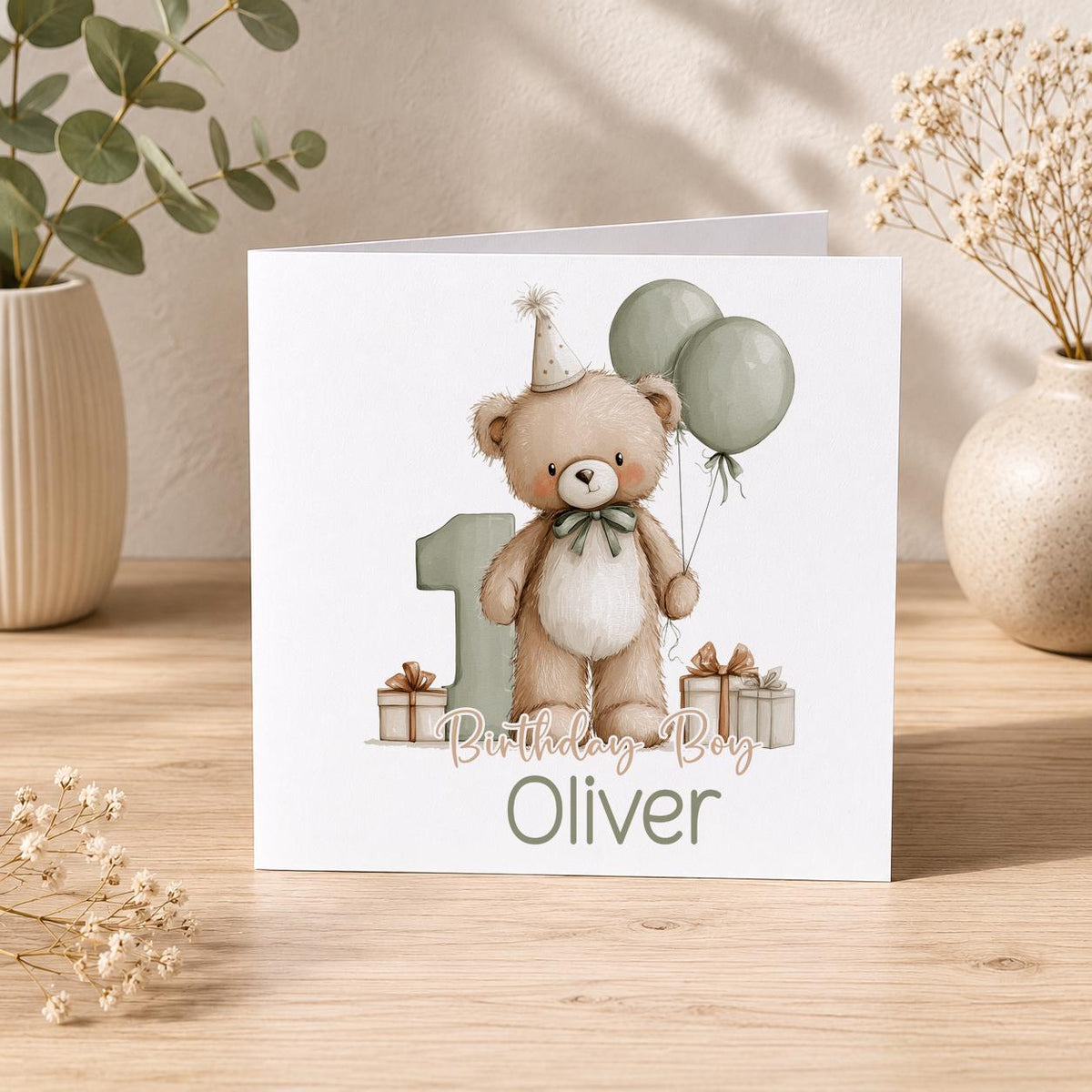 Personalised sage teddy 1st birthday card – teddy with sage balloons and a number 1, Birthday Boy Oliver
