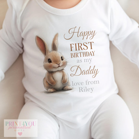 Personalised Daddy Bunny first birthday bib with 'Happy First Birthday as my Daddy' and baby's name in soft brown script.