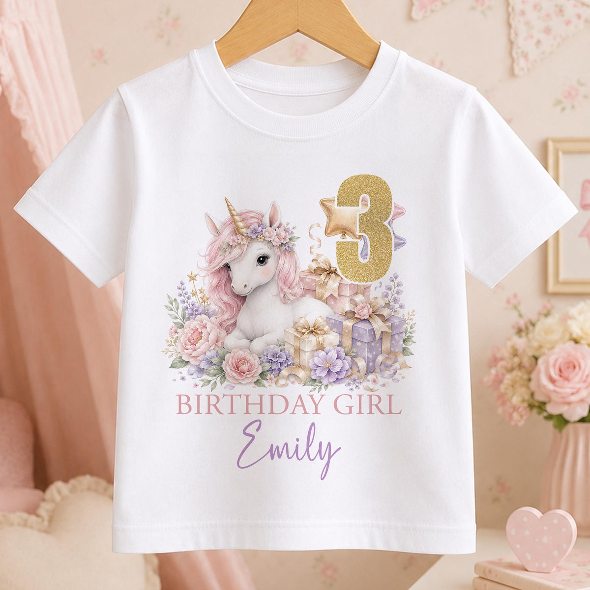Personalised unicorn Birthday Girl design with gold number and name shown on a white t-shirt