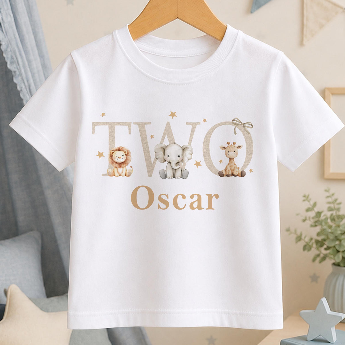 Personalised safari 2nd birthday t-shirt – white tee with TWO in neutral lettering with a lion, elephant and giraffe, and the name Oscar