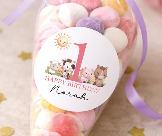 Personalised sticker featuring a farmyard animal design for a girl's farm-themed birthday party