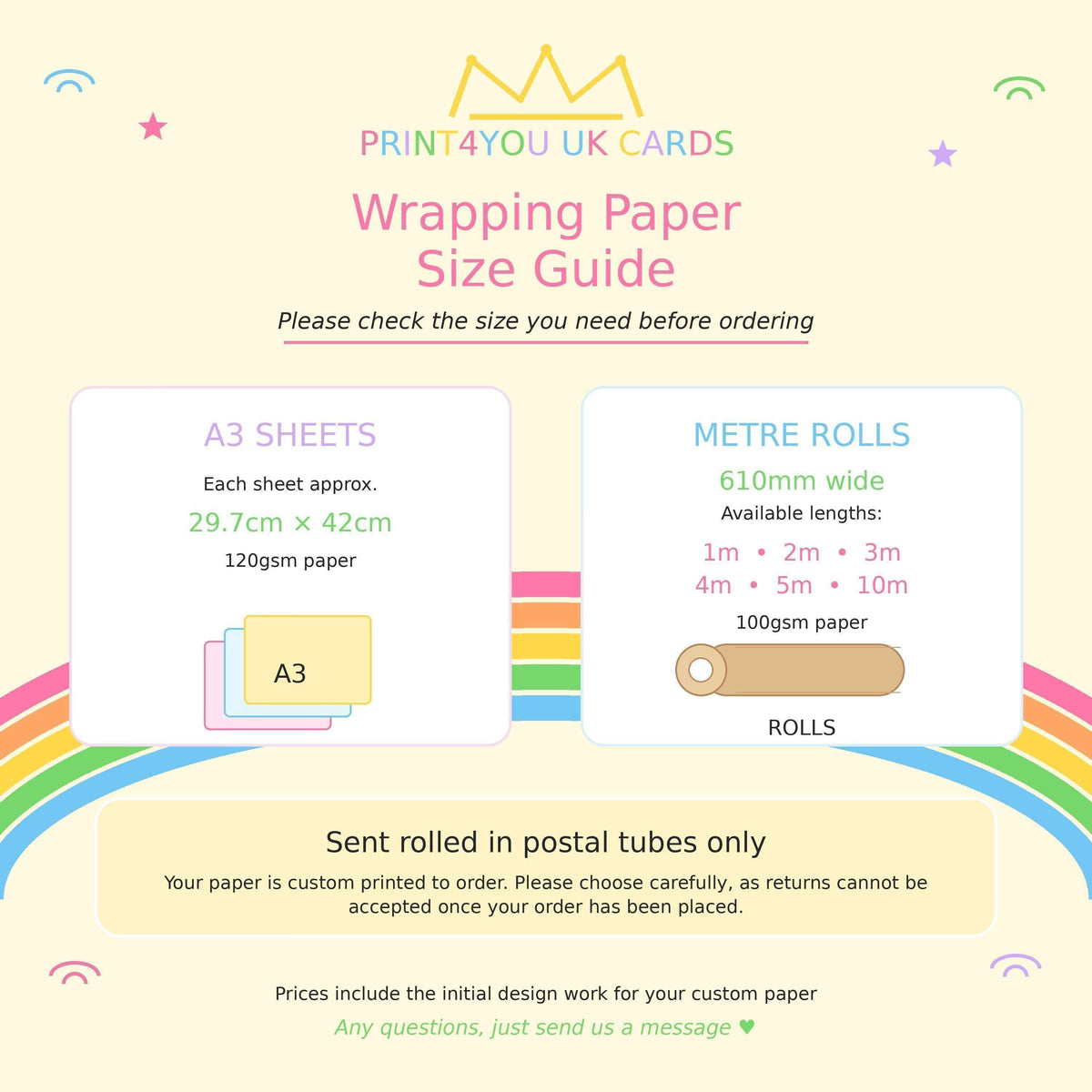 Size guide showing the available wrapping paper sheet and roll sizes with corresponding prices.