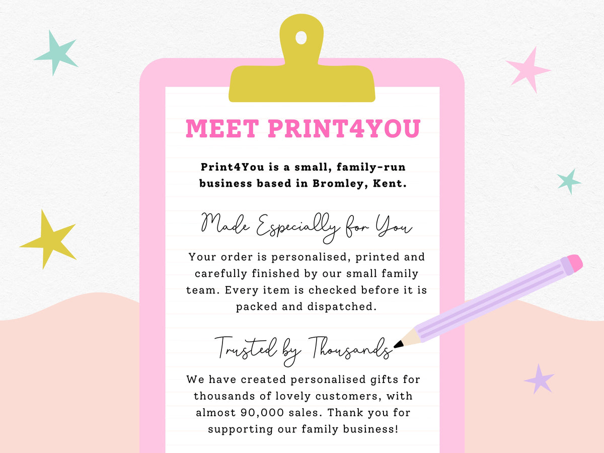 Promotional graphic introducing Print4You, a family-run personalised gifts business in Bromley, Kent.
