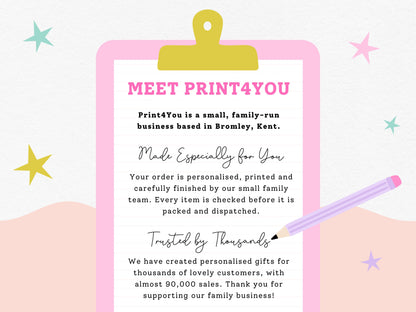Promotional graphic introducing Print4You, a family-run personalised gifts business in Bromley, Kent.