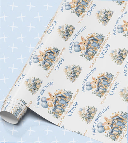 Personalised bunny birthday wrapping paper roll – rabbit in a blue gift box with balloons, Happy Birthday To a Special Granddaughter Chloe