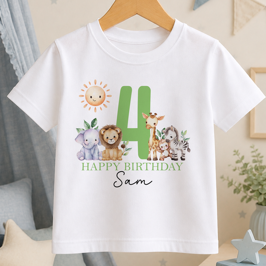 A white t-shirt with a graphic design featuring a sun, a green number 4, and various animal illustrations, along with the text "Happy Birthday Sam".