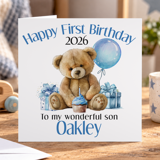 First Birthday Card – Blue Teddy Bear Keepsake for Baby Boy
