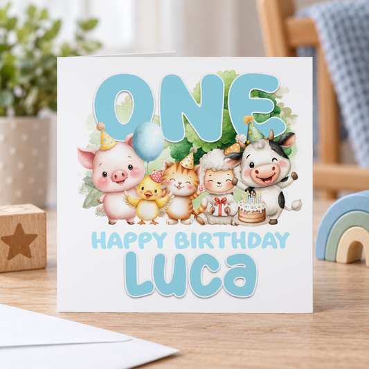 First Birthday Card – Farmyard Animals Keepsake