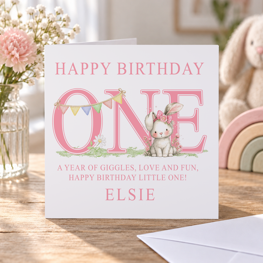 First Birthday Card – Pink Bunny Keepsake for Baby Girl