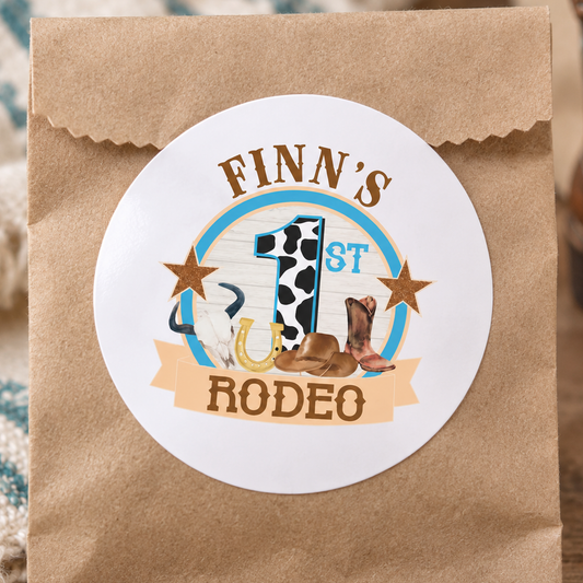 First Birthday Cowboy Party Stickers – Personalised Glossy Round Labels